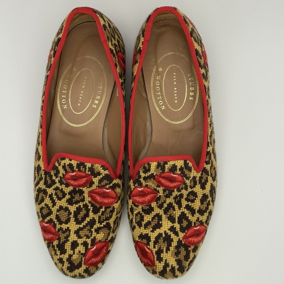 Stubbs & Wootton Women's Leopard Needlepoint Red Lips Red Trim Loafers Shoe 7.5 - Picture 12 of 12